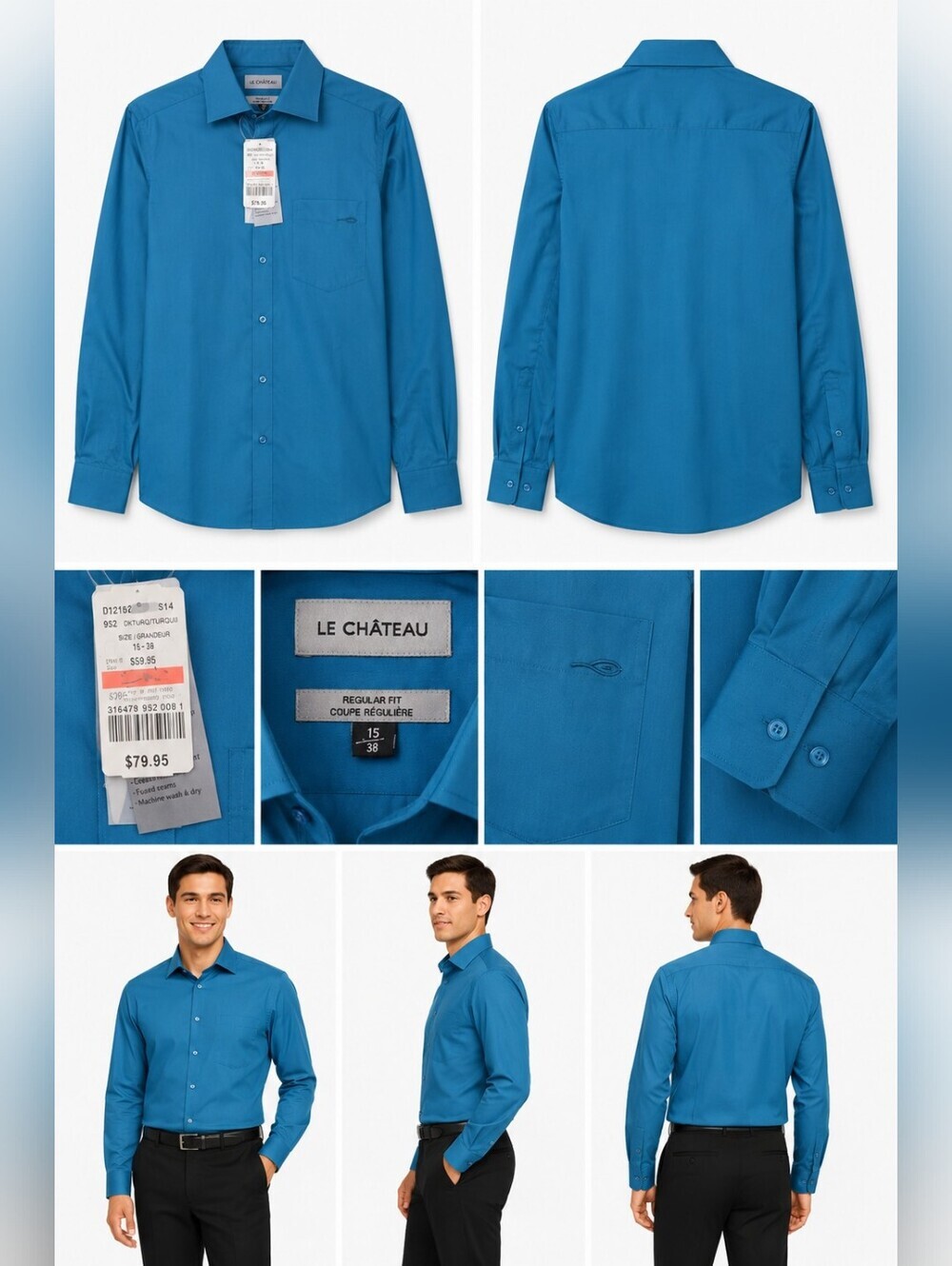 NWT Le Chateau Mens Dress Shirt Size 15 38 Blue Regular Fit Button Fron.